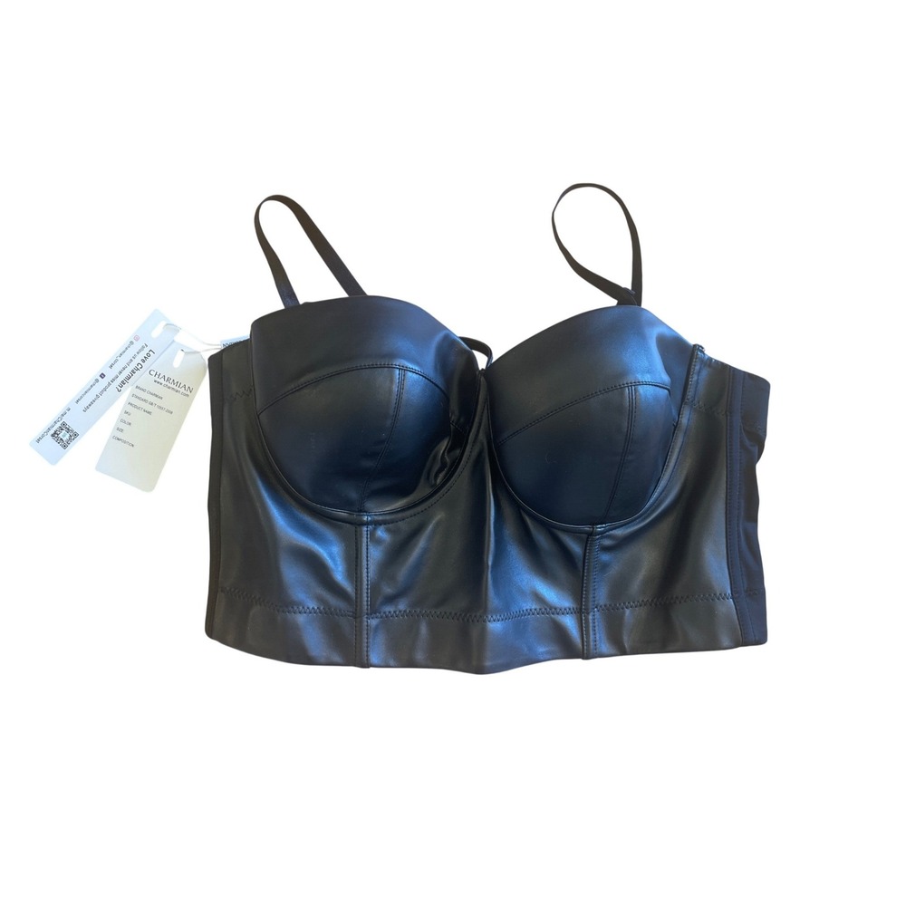 Charmian Black Faux Leather Bustier Crop Top Padded Underwire 5XL Goth‎ Festival